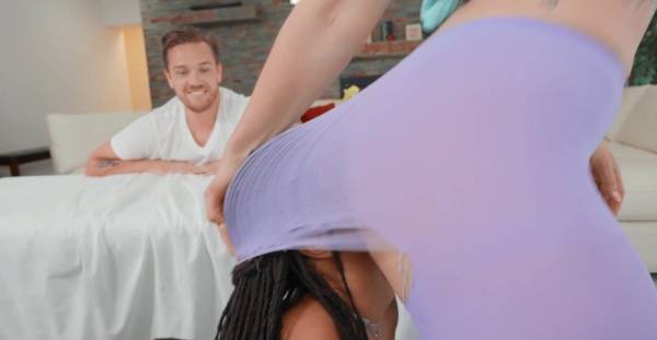 Ebony mom and slutty white girl smash cock in generous FFM massage on ebonyporntube.net